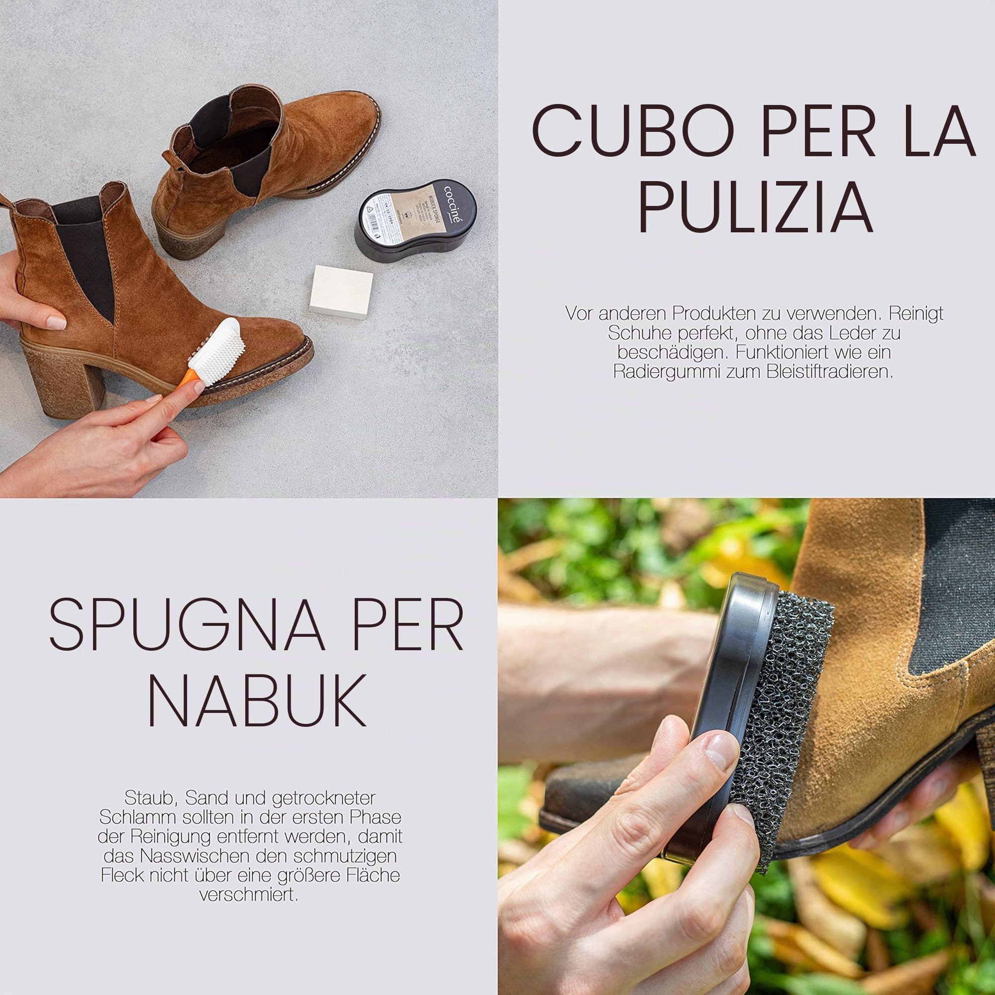 Cocciné - Set per la Cura Delle Scarpe, 4 in 1, kit Pulizia Scarpe Scamosciate, kit Pulisci, Cura in Pelle Scamosciata e Nabuk, Comoda applicazione, Pratica Spugna per la Pulizia