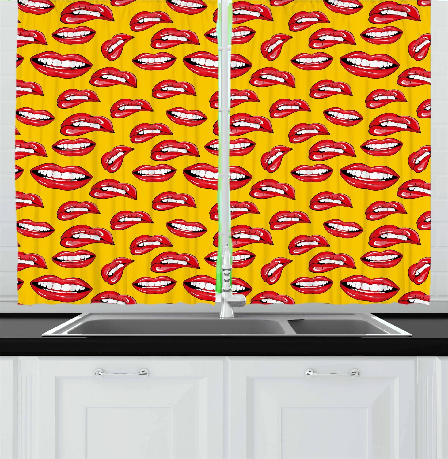 Lunarable Kiss Long Kitchen Curtains, Cartoon Pop Art Pattern on Yellow Women Smiling and Biting Her Red Lips, 2 Panel Set Drapes with Rod Pocket Room Decor, 55