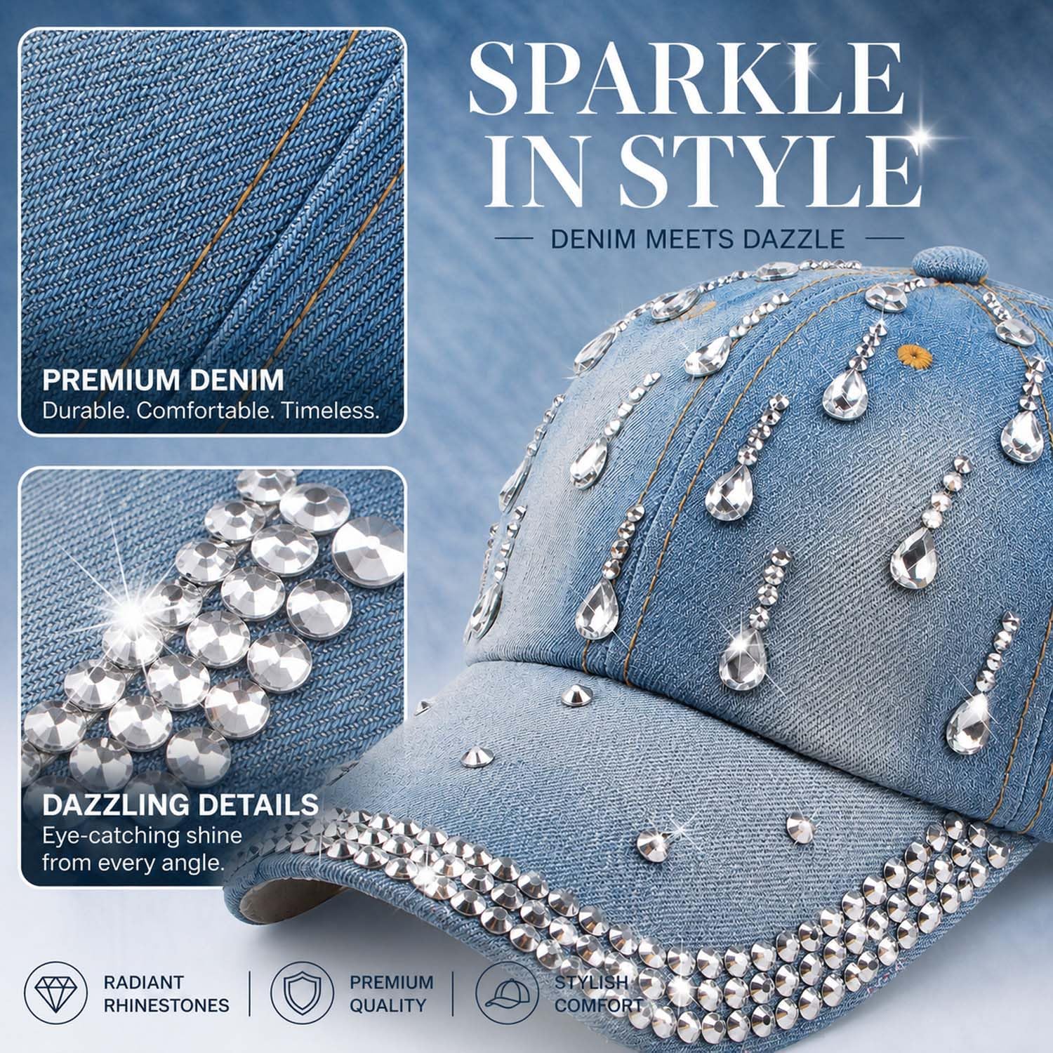 Bling Denim Baseball Cap for Women Jean Hip Hop Rhinestone Hat Jersey Shore Hat Adjustable