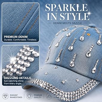 Bling Denim Baseball Cap for Women Jean Hip Hop Rhinestone Hat Jersey Shore Hat Adjustable