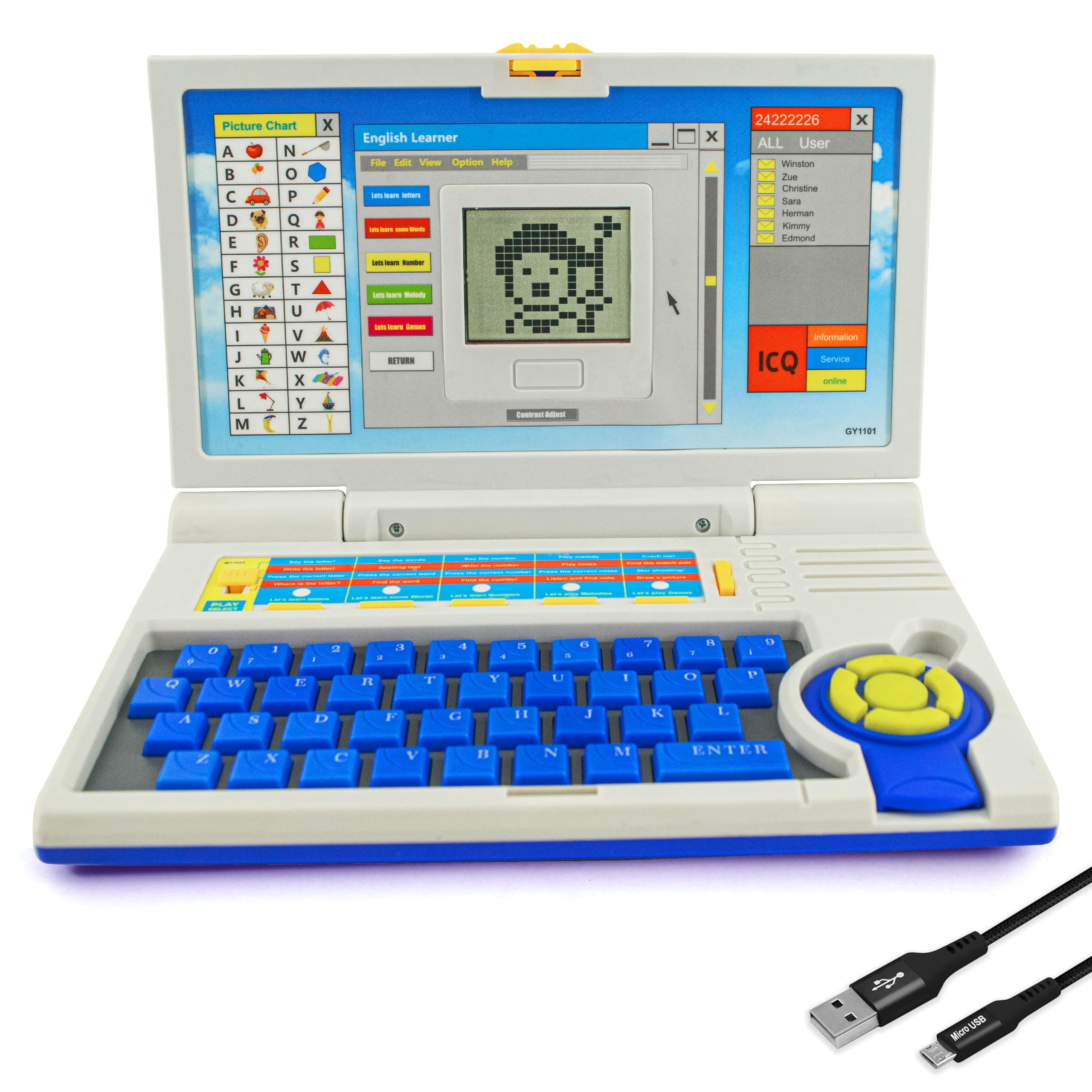 Gooyo GY-1101 Plug & Play Educational Laptop Toy with 20 Learning & Playing Activities | Blue & White Color, Dual Power Supply Source: Micro USB Cable (Included) & 3xAA Battery (Not Included)