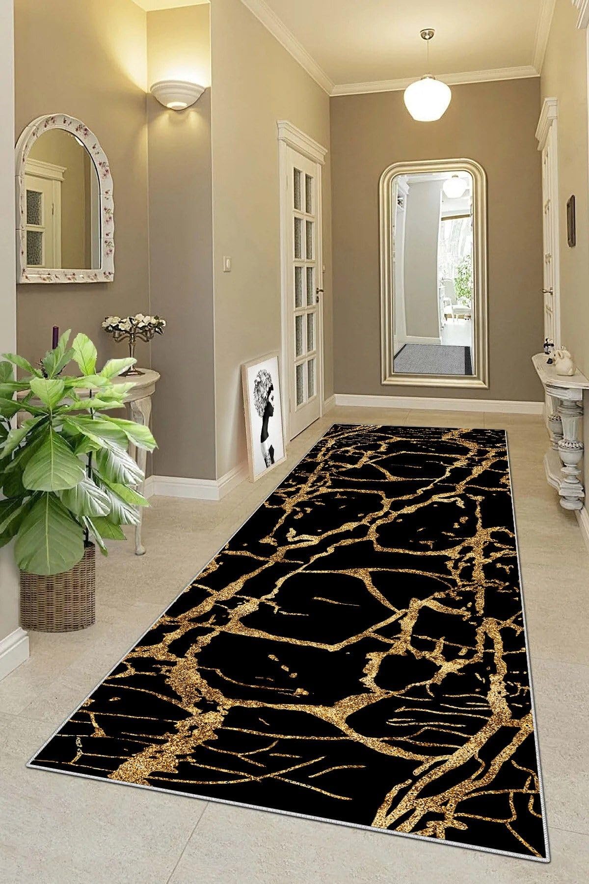 Pelangi Mermer Desenli Dijital Baskı Yıkanabilir Kaymaz Taban Salon Halı ve Yolluk, Siyah-Gold 80 x 300, 9555414803007