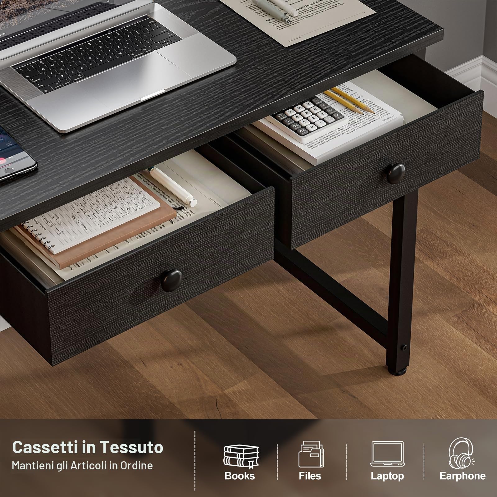 Grandder Piccolo tavolo per computer con 2 cassetti in tessuto, 100 cm, con scomparti e cassetti, scrivania per piccoli spazi, colore nero