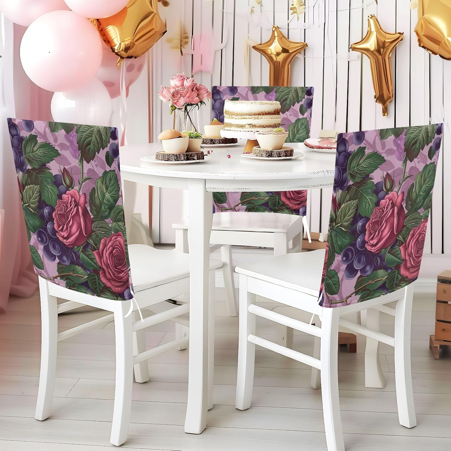 ALAZA Grapes Roses Chair Back Cover Set of 6, Washable Reusable Removable Chair Slipcovers Decorative Chair Cover for Home Kitchen Wedding Party