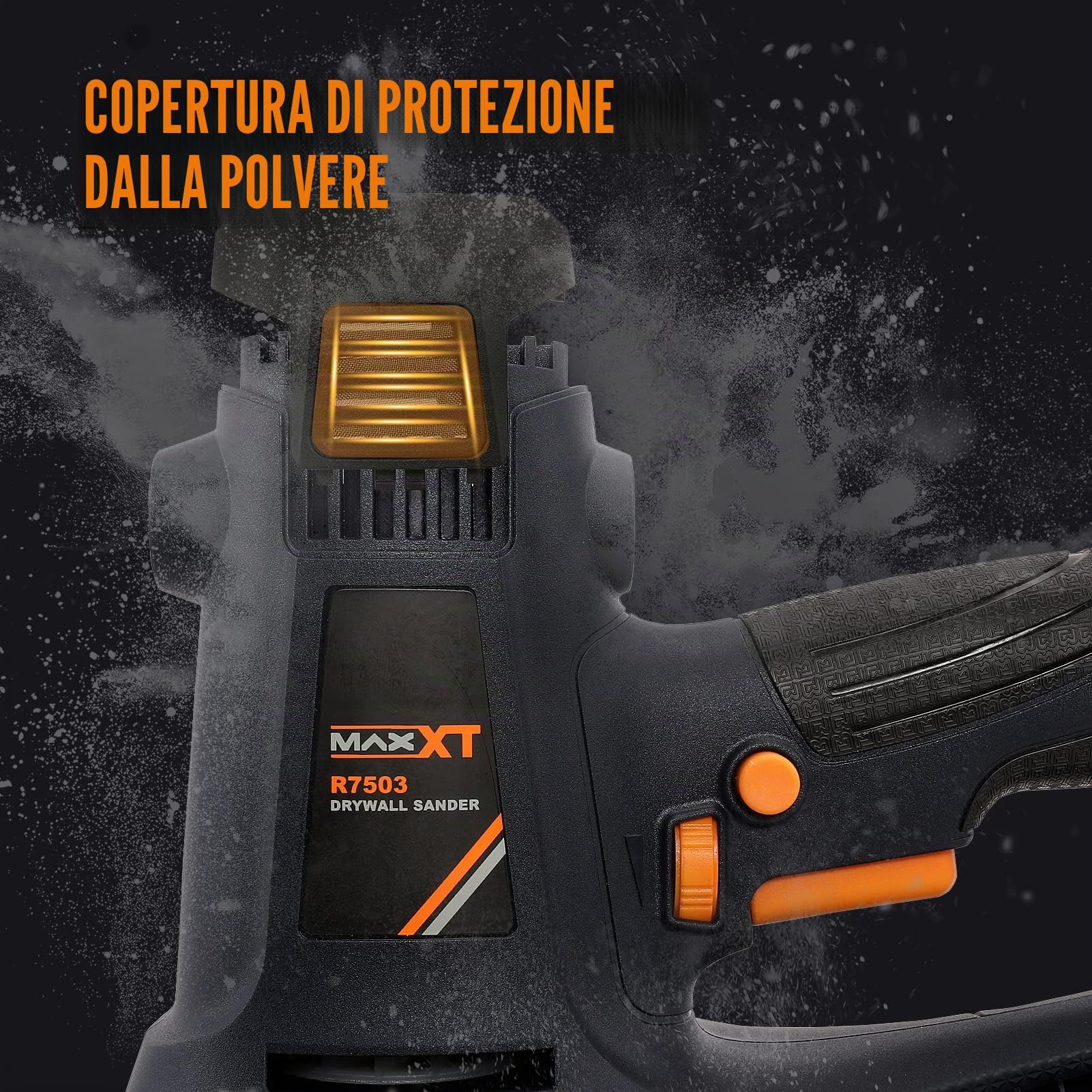 MAXXT Levigatrice manuale per cartongesso, 810 W, smerigliatrice elettrica per pareti, 1500-2800 giri/min, velocità variabile, aspirazione regolabile, levigatura grossolana/fine, 8 pezzi