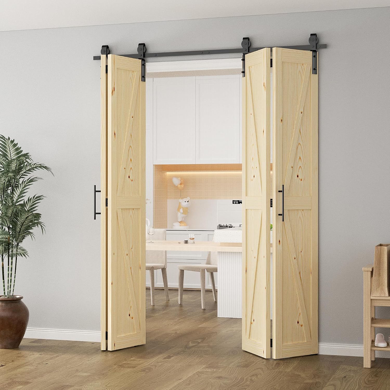 ROOMTEC 60in x 84in Bifold Barn Door with Hardware Kit, Unfinished Solid Pine Wood Folding Closet Door for Bedroom or Wardrobe, Assembly Required, DIY, Stainable, Natural Finish