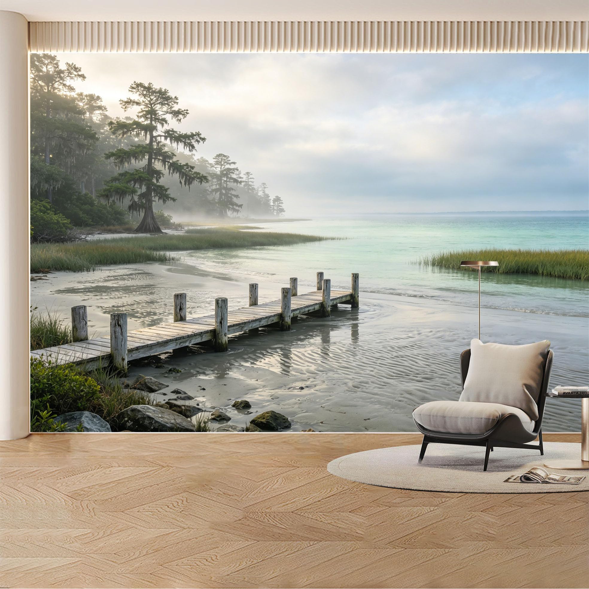 Custom Wall Mural Wallpaper Coastal Pier Ocean Landscape Nature Wall Decor Misty Nordic Seaside Removable SelfAdhesive Large Photo for Living Room， Bedroom， Office