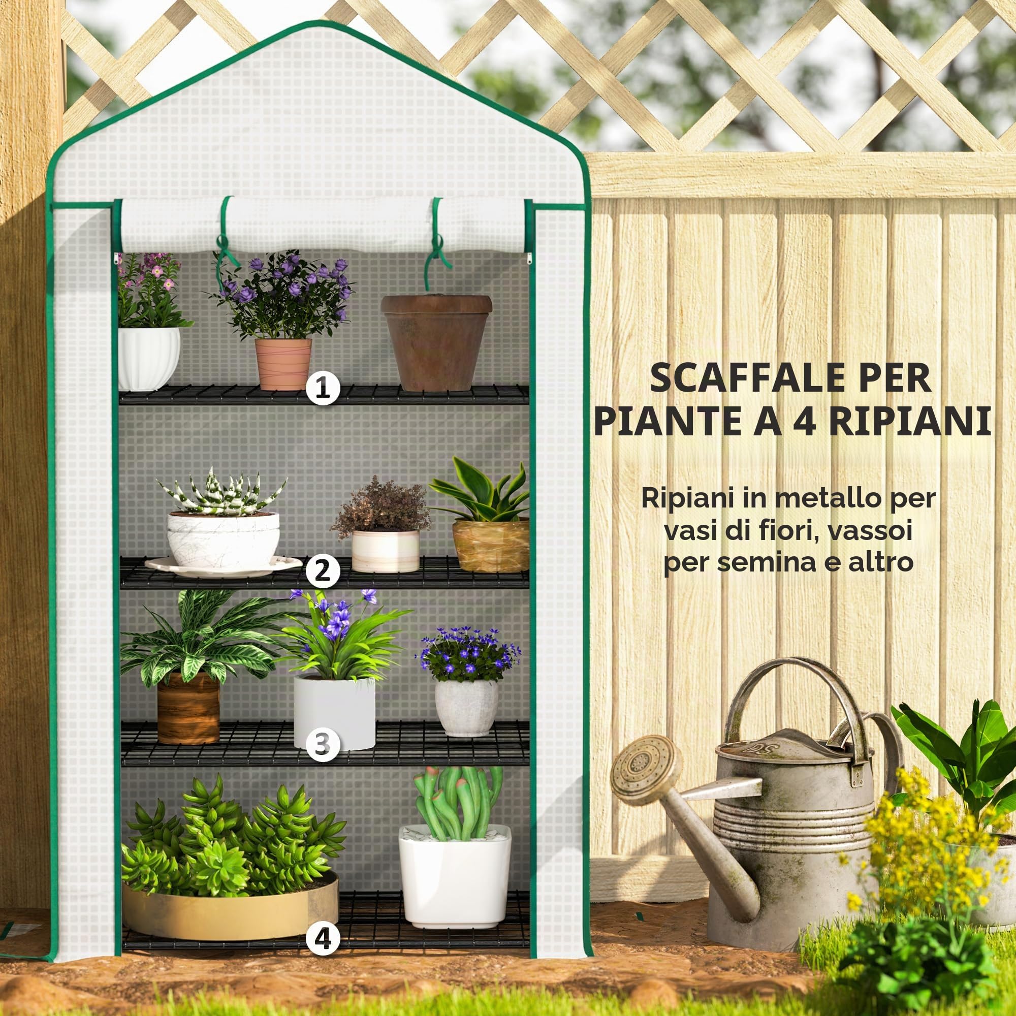 Outsunny Mini serra allargata 4 ripiani, copertura PE rinforzata Bianco | Serra portatile, porta a cerniera, ripiani in metallo, interno/esterno, 90x49x160cm