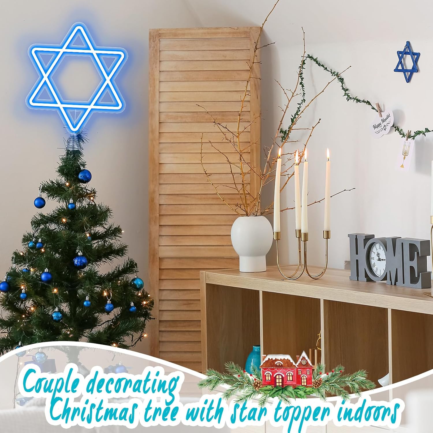 16.3 Inches Star of David Hanukkah Tree Topper Hanukkah Decorations Christmas Star Tree Topper Blue Lights USB Power Supply Suitable for Diwali Birthdays Weddings Parties Christmas Tree