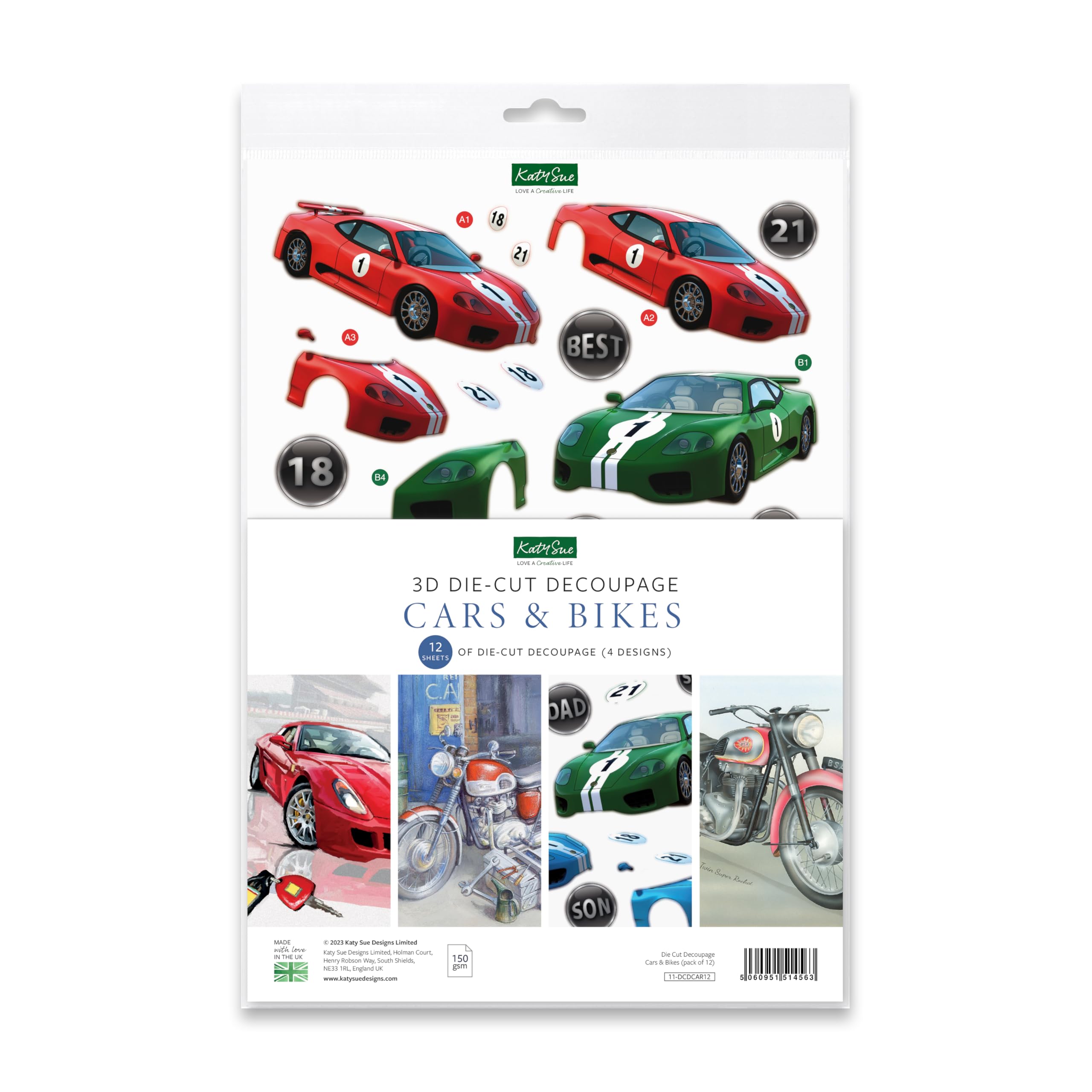 Katy Sue Designs Fast Cars & Motorbikes 3D Die Cut Decoupage Sheets for Card Making. A Pack of 12 Pre Cut Sheets of Cars & Motorbikes Die Cuts for Card Making Supplies from