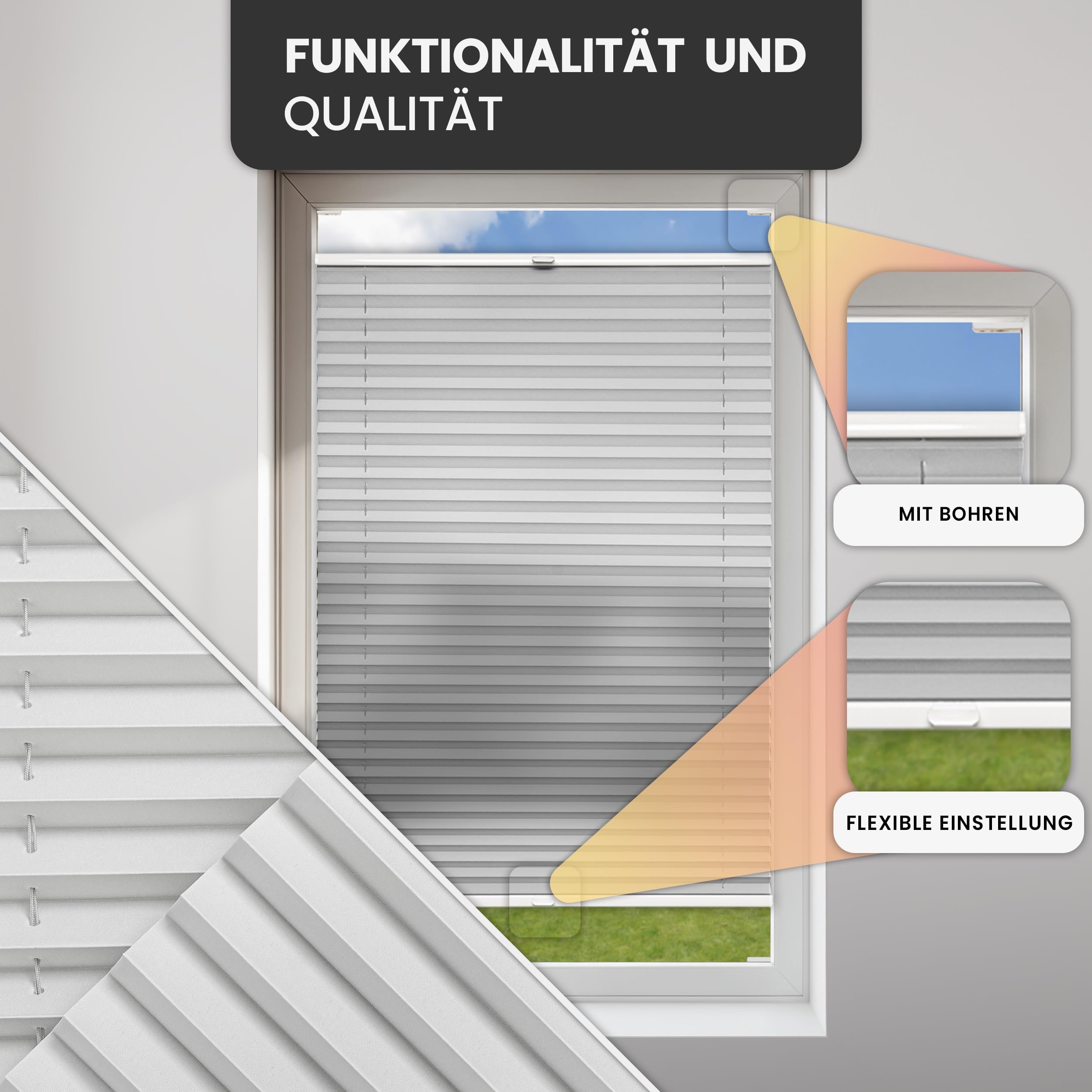 Store plissé avec perçage – Largeur 115 cm Hauteur 200 cm – Blanc – Store intérieur de Protection Solaire pour fenêtre