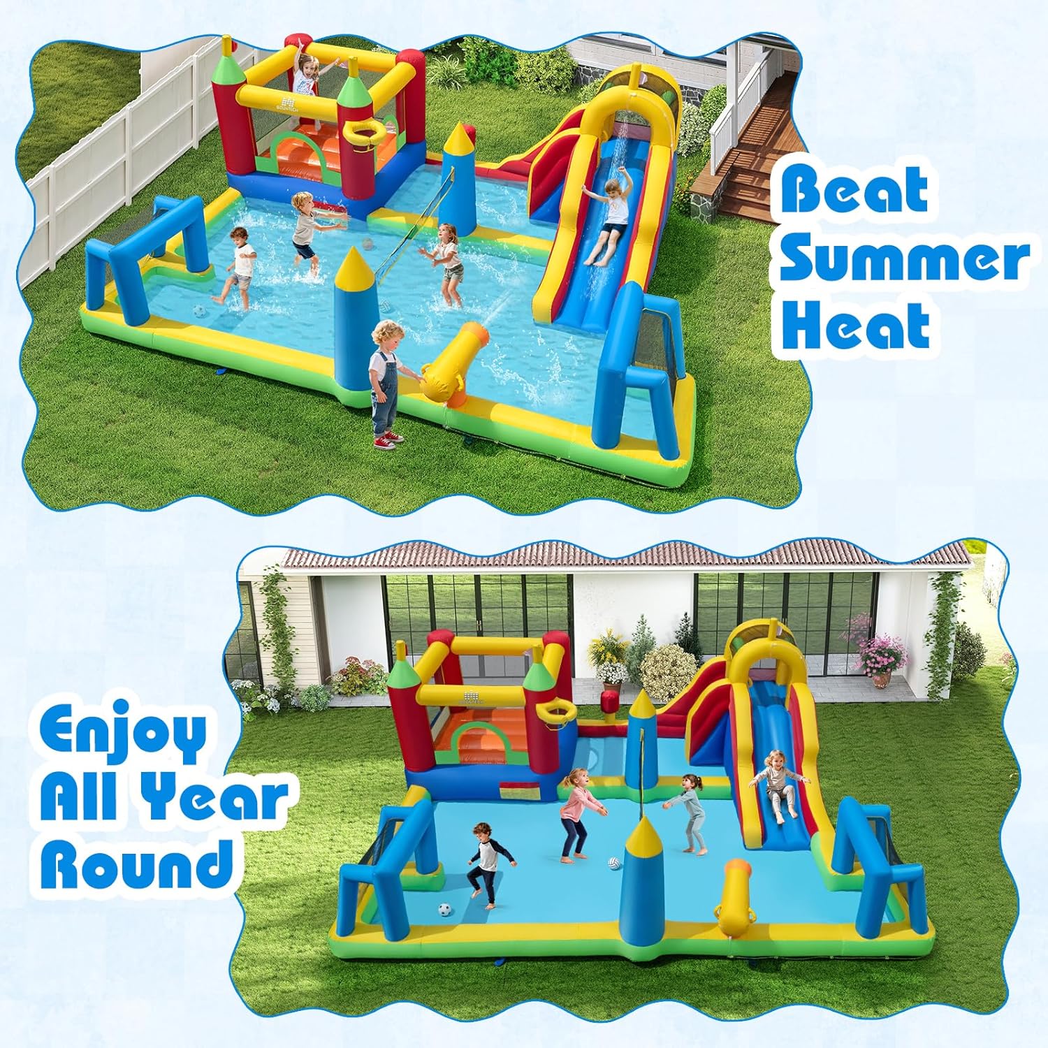 BOUNTECH Inflatable Water Slide Park, 9-in-1 Water Jump Castle with Bounce House, Football Goals, Volleyball, 680W Air Blower, Blow up Water Slides Inflatable for Big Kids 3-12 Backyard Party Gifts