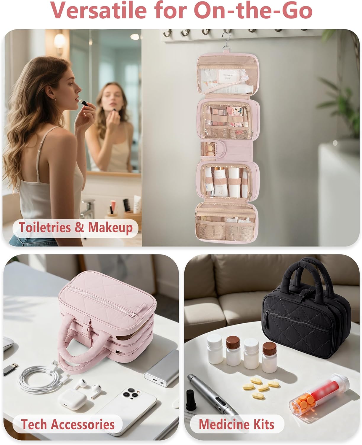Travel Toiletry Bag for Women with Hanging Hook, Puffy Makeup Organizer with Brushes Slots for Bathroom, Shower and Beauty Essentials, Pink - Image 6