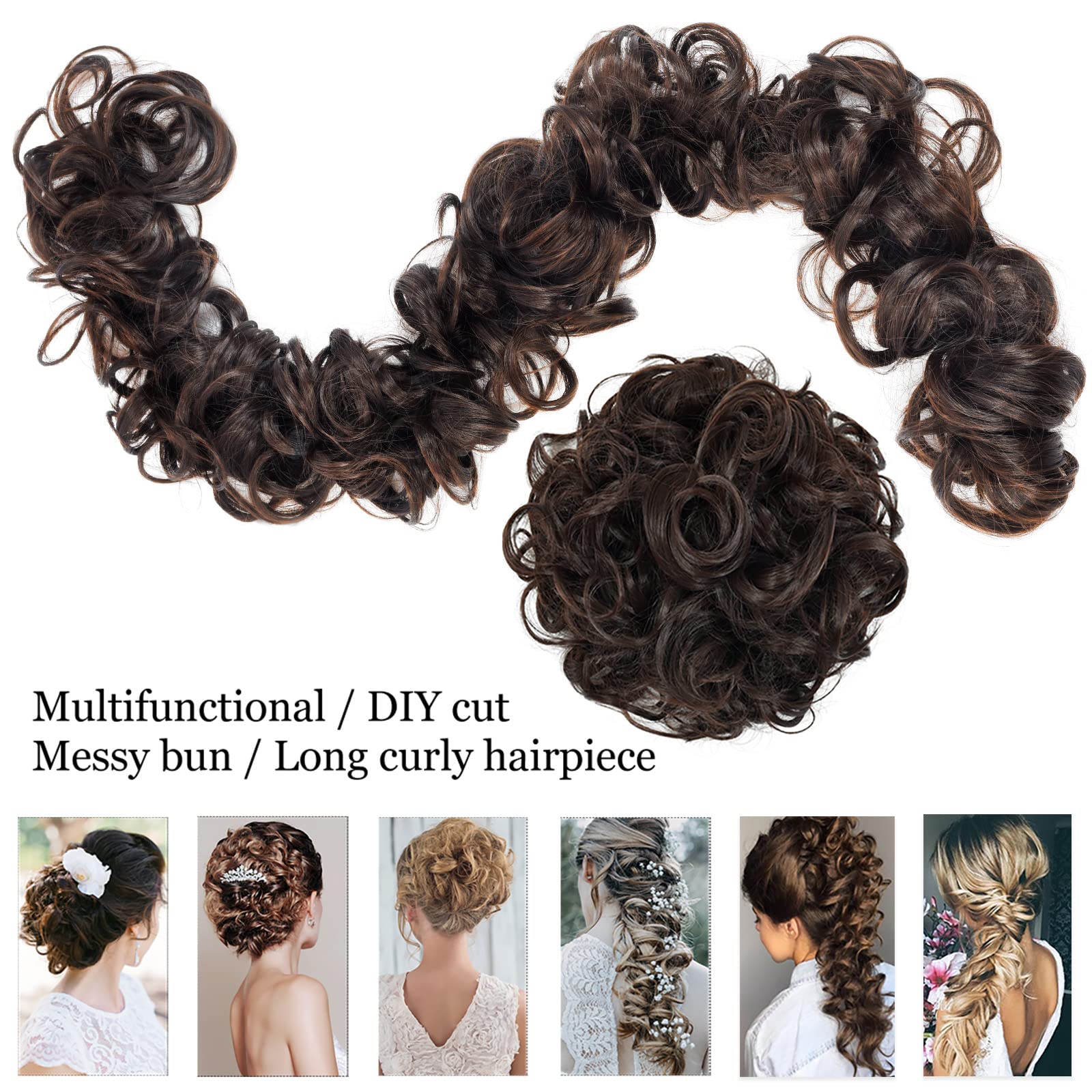 YAMEL Messy Bun Hair Piece Medium Brown Long Scrunchy DIY Wrap Around Touseld Updo Hair Extensions Ponytail Curly Hair Pieces for Women - Image 3