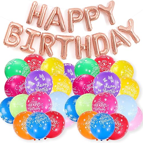 Globo de feliz cumpleaños 100 globos de látex coloridos de 12 pulgadas impresos Happy Birthday y globos de feliz cumpleaños de oro rosa de 16