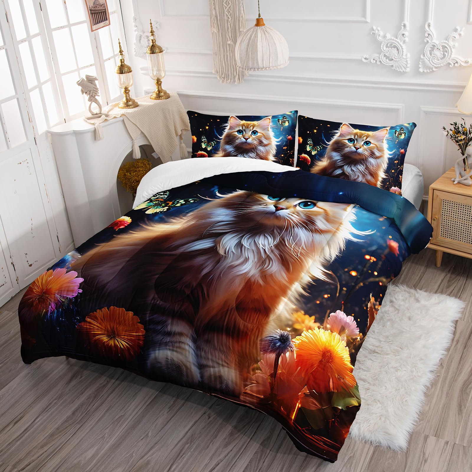 Ntlfup Kawaii Cat Comforter Set Twin Size, 3D Animals Flowers Bedding Set, Cat Lovers Quilt Bed Set for Girls Kids Teens