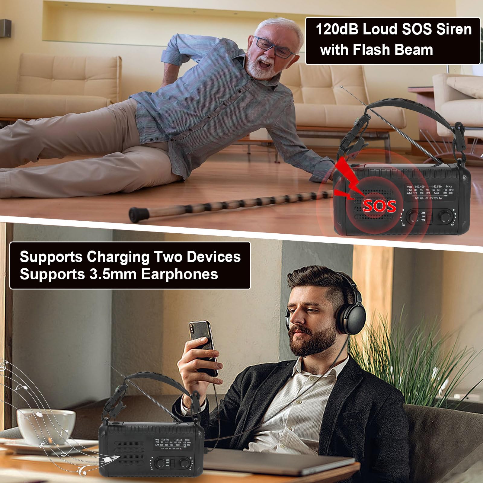 Radio meteorologica di emergenza (Condor 1) NOAA/AM/FM con radio portatile da 74000 mWh, USB-C/solare/ricarica a manovella, allarme SOS, torcia elettrica, lampada da lettura e kit di sopravvivenza per
