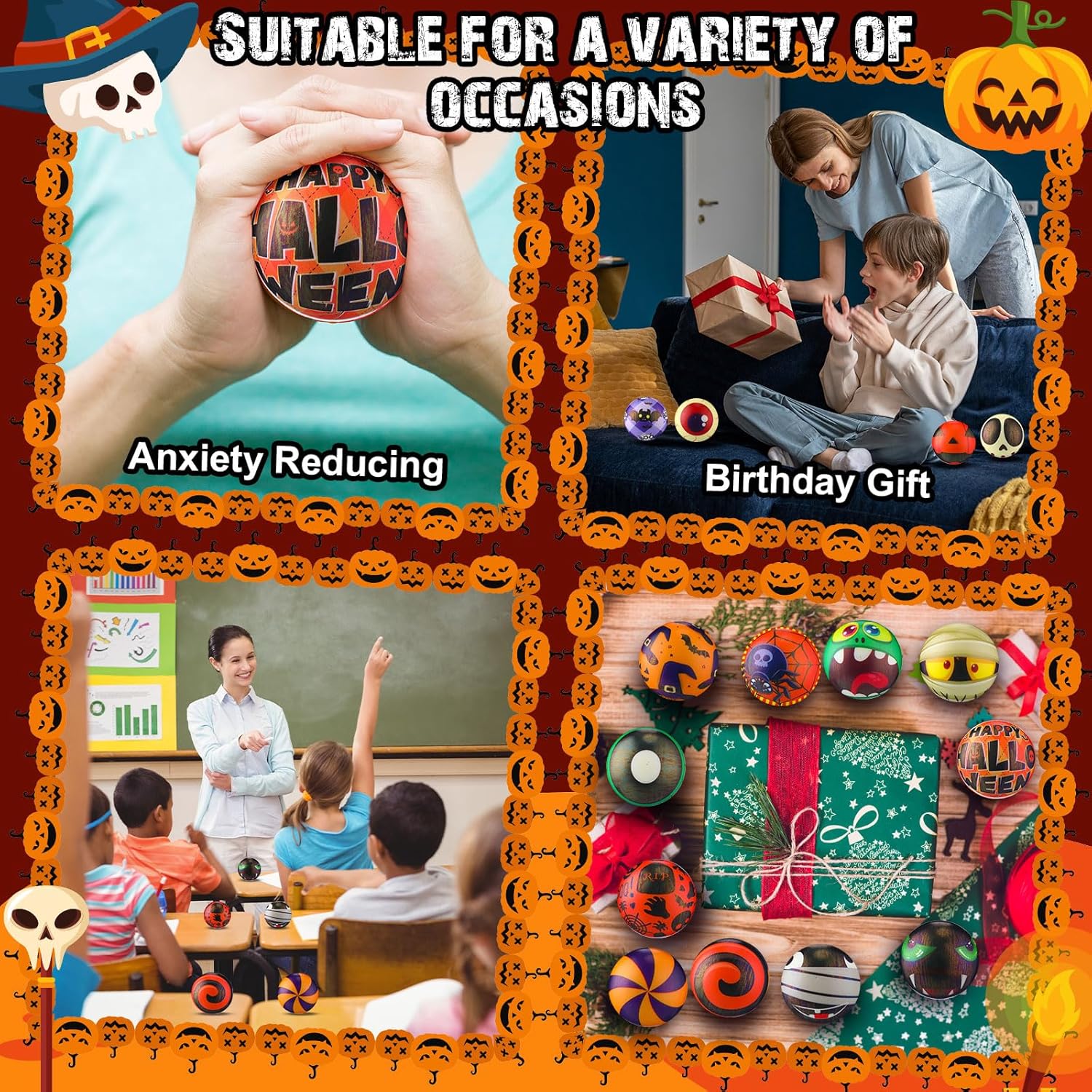 Meooeck 108 Pcs Halloween Mini Stress Balls Bulk 2.5'' Pumpkin Ghost Sport Squeeze Balls Stress Relief Sensory Fidget Foam Toy Basket Goodie Stuffers Gift for Halloween Party Favor Kids Adults Prizes - Image 7