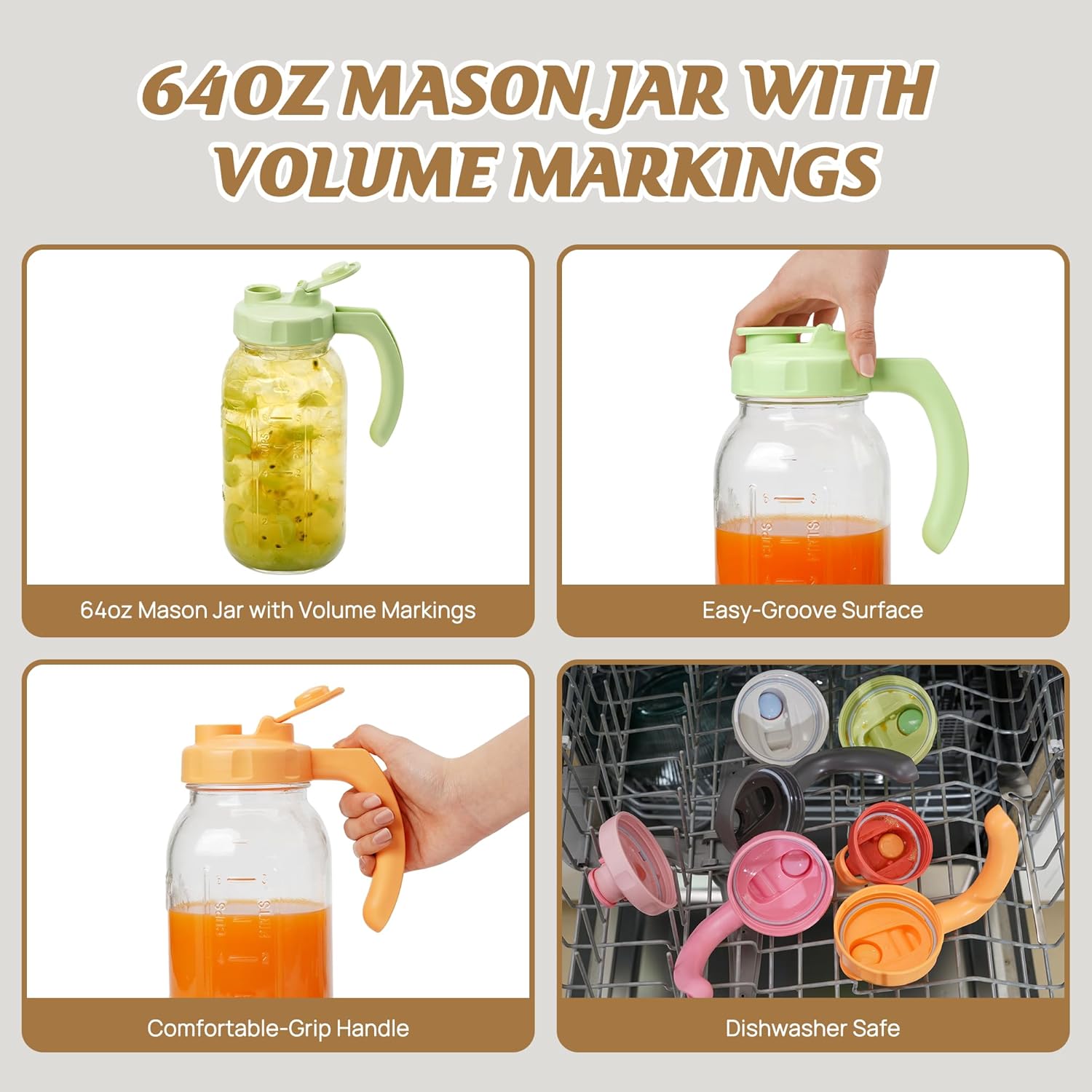 Soligt Glass Mason Jar Pitchers with Lids, Wide Mouth Flip Cap Pour Spout Leak-proof Lid with Handle, 64 oz/2 Quart, for Iced Coffee/Sun Tea Juice/Cold Brew/Milk (2 Pack, Tea Green + Carrot Orange)