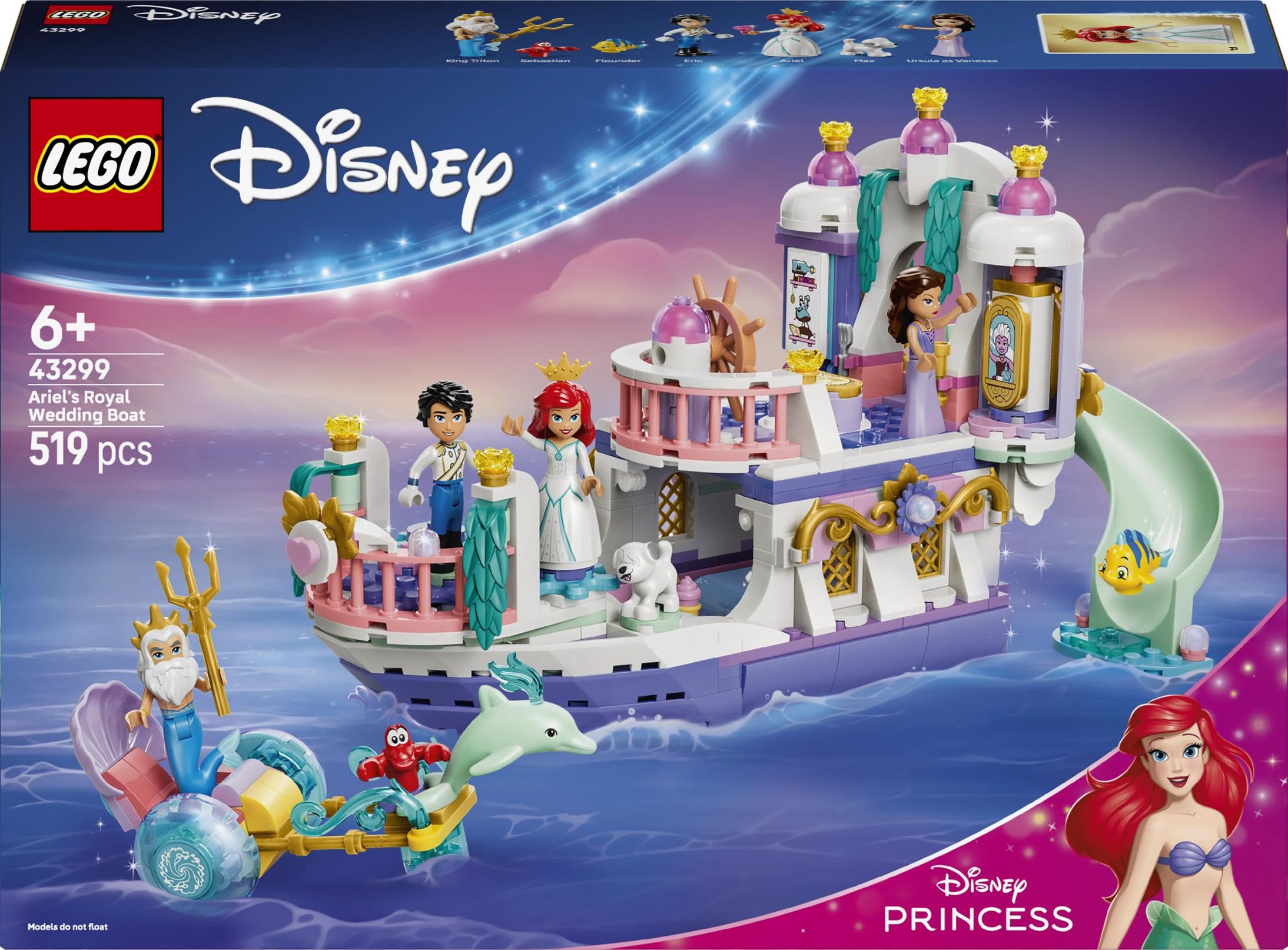 LEGO | Princesas Disney Barco de la Boda Real de Ariel – Juguete de La Sirenita con 7 Figuras Inc. Ariel y Sebastián – Decoración del Dormitorio – Regalo para Niñas de 6+ Años y Fans – 43299