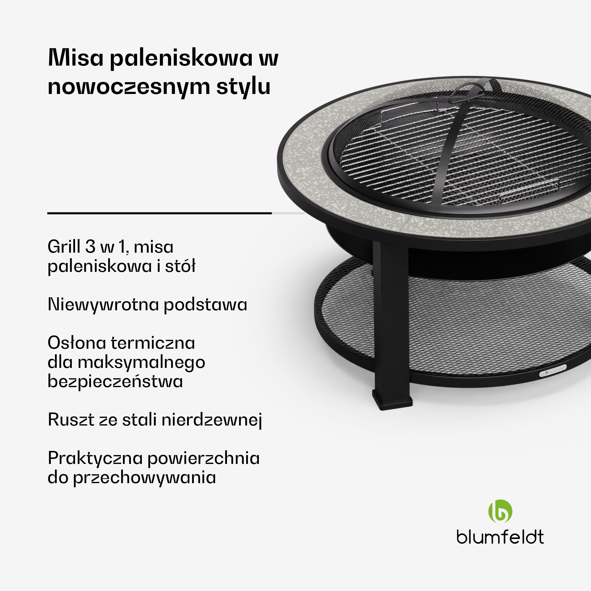 blumfeldt Palenisko ogrodowe 3 w 1 (palenisko, stół, grill), z ochroną przed wysoką temperaturą, rusztem do grillowania, pogrzebaczem, ochroną przed iskrami, ochroną przed deszczem – idealny jako