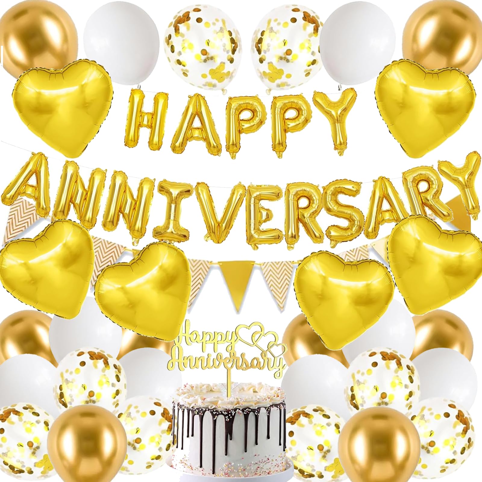 Happy Anniversary Decorations, 48Pcs Gold Romantic Wedding Decoration Set with Heart Foil Balloon, Confetti Latex Balloons for Valentines Day Proposal Confession Wedding Anniversary Party