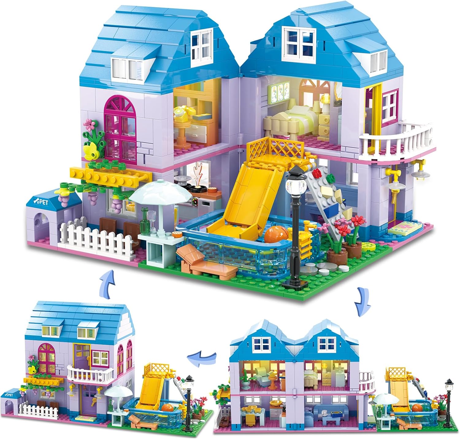 Assembled HSANHE Building Set gz 6525 showing two configurations: a large combined house and two smaller separate house sections.