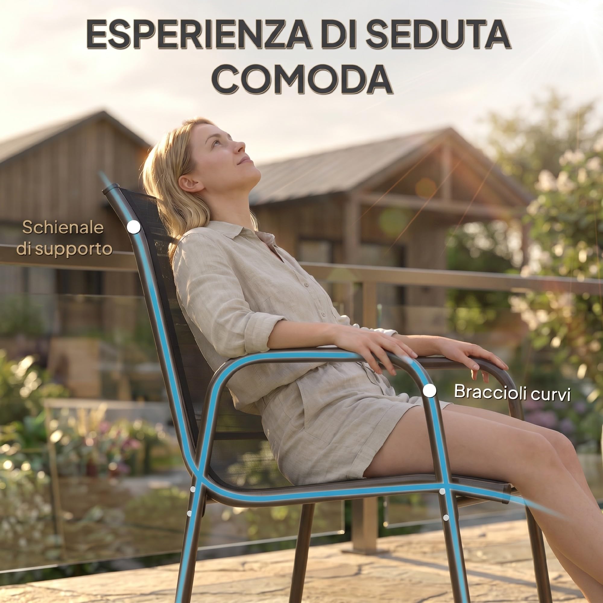 Outsunny Set 4 Sedie da Giardino Impilabili in Texteline Traspirante, Sedie per Pranzo da Esterno con Schienale Alto e Braccioli, in Metallo, da Patio, Balcone, Terrazza, Esterno, 51x69x87 cm, Nero