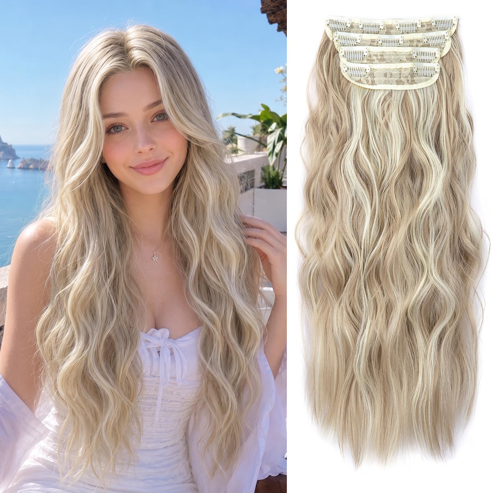 Photo 1 of Clip in Natural Hair Extensions Long Wavy 4PCS Thick Hairpieces Dark Ash Blonde Mixed Bleach Blonde Double Weft Synthetic 20 Inch for Women (4pcs, 20Inch, 16H613#)