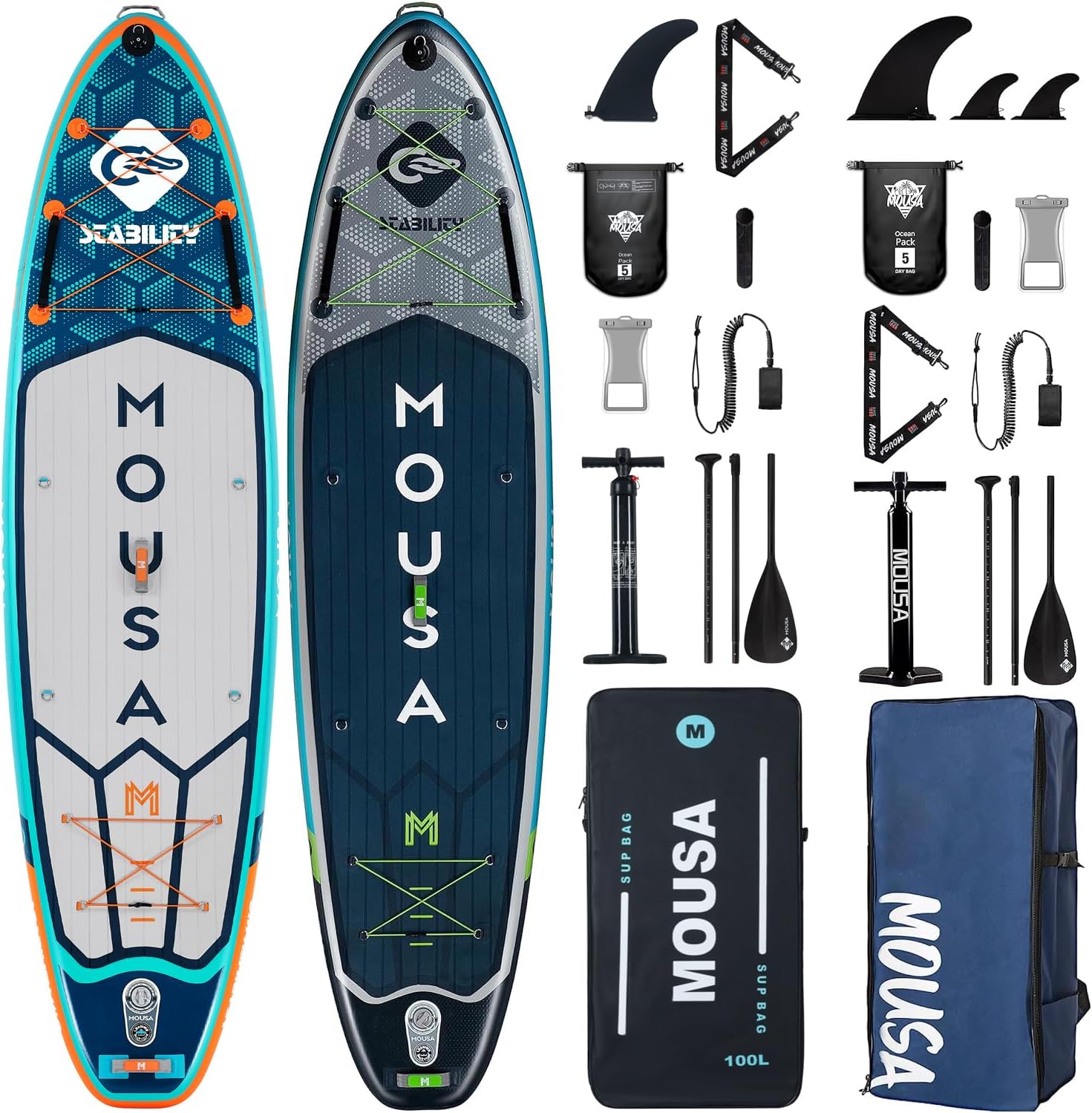 MOUSA 11'6''×34&11'6''×35" Extra Wide Inflatable Stand Up Paddle Board, Stable Long SUP for 2 People/Family, Shoulder Strap, 5 Handles, 100L Backpack, All-Round Sup Board, Removeable Fin