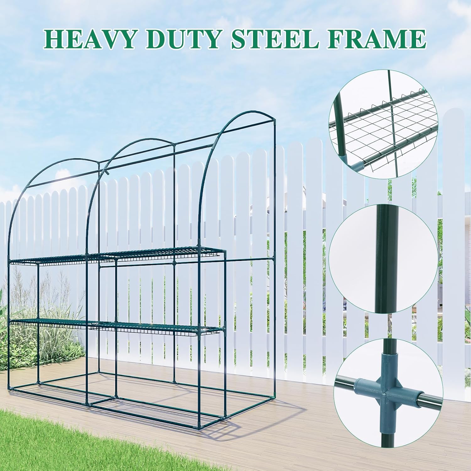BPS 7x3x7 FT Lean to Greenhouse with Shelves, Large Walk-in Greenhouse with Waterproof PE Cover for Garden, Backyard, White