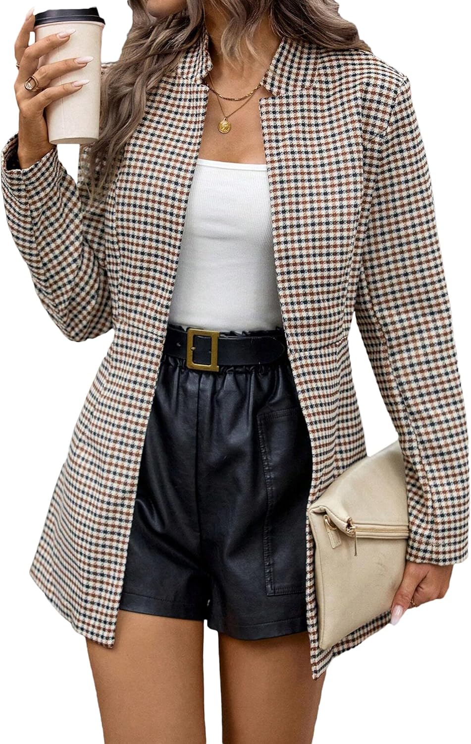 Mina Self 2026 Spring Plaid Women’s Long Blazer Jackets - Houndstooth Open Front Notched Lapel Office Casual Clothing - Image 5