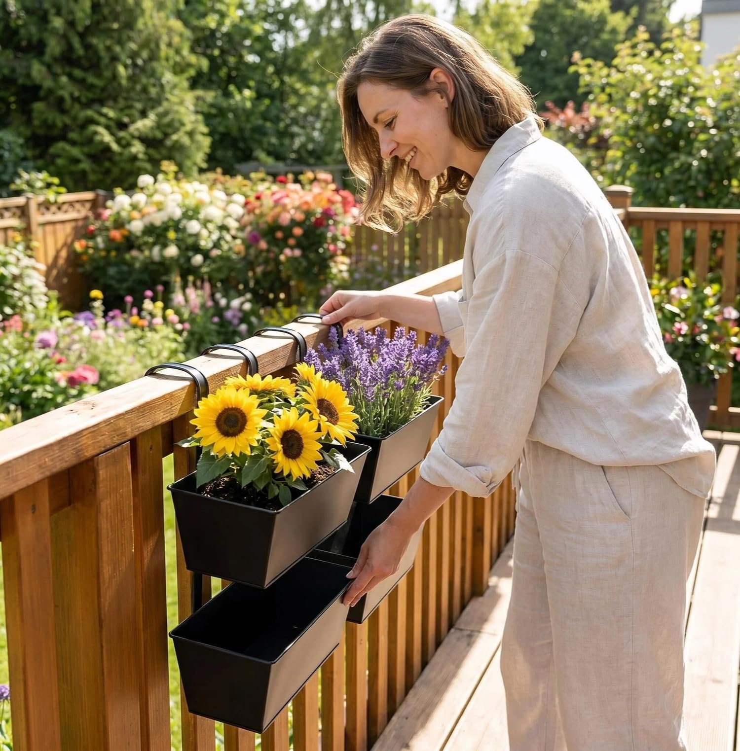4 pièces de pots métalliques suspendus de 11 pouces avec crochets détachables, boîtes à fleurs pour fenêtres avec garde-corps noir, pots rustiques à accrocher au mur pour clôture extérieure, patio, ba