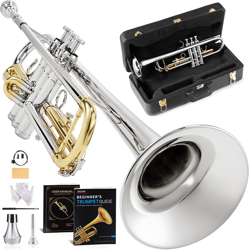 Hand-Hammered Bell Bb Trumpet: Smooth Valve Action, Clear-Lacquered Brass Body, Standard Trumpet Beginner Set with Leather Case, Lesson Book, Trumpet Mute, Mouthpiece, Cleaning Kit (SNR-BrzAC)