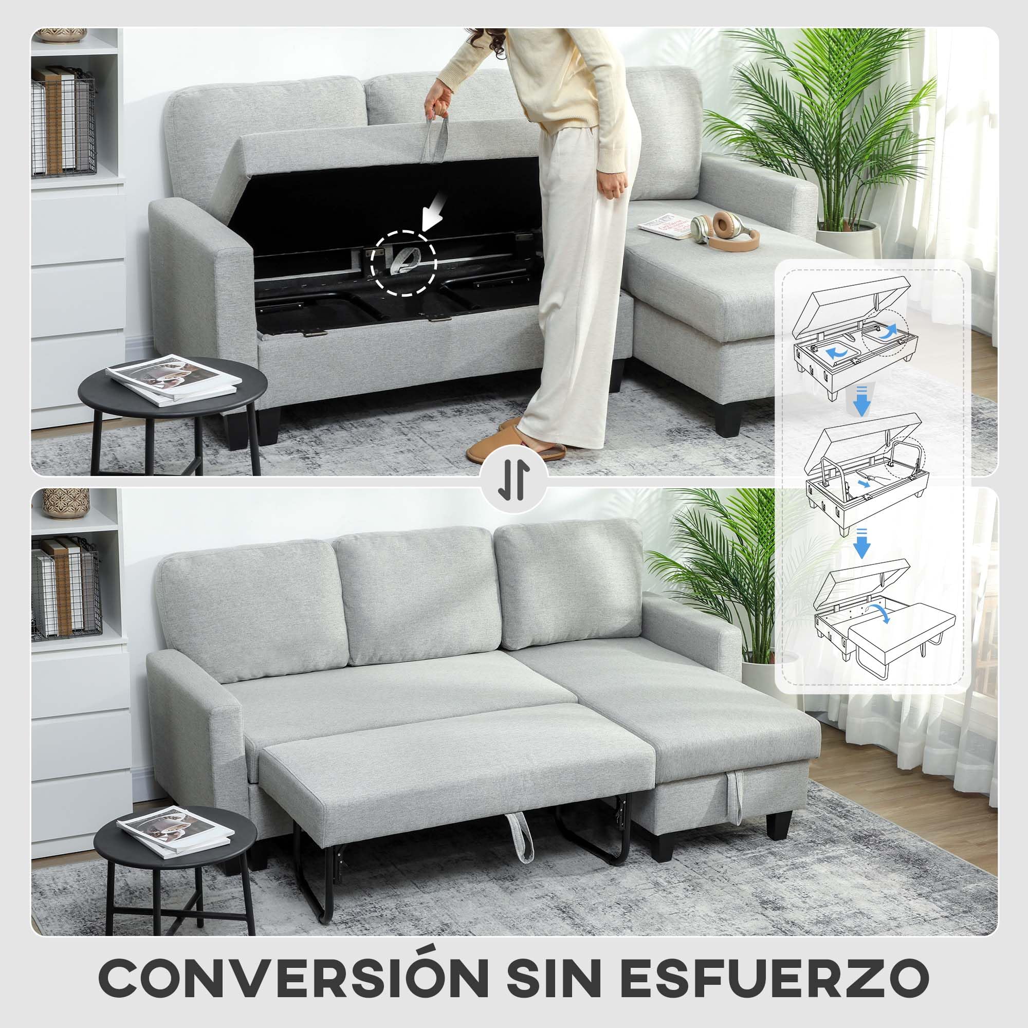 HOMCOM Sofá Cama Chaise Longue de 3 Plazas Reversible Tapizado en Lino Gris | Ambos Lados con Almacenaje, Sofá Cama Esquinero Desplegable, Fundas de Cojines Removibles, para Salón