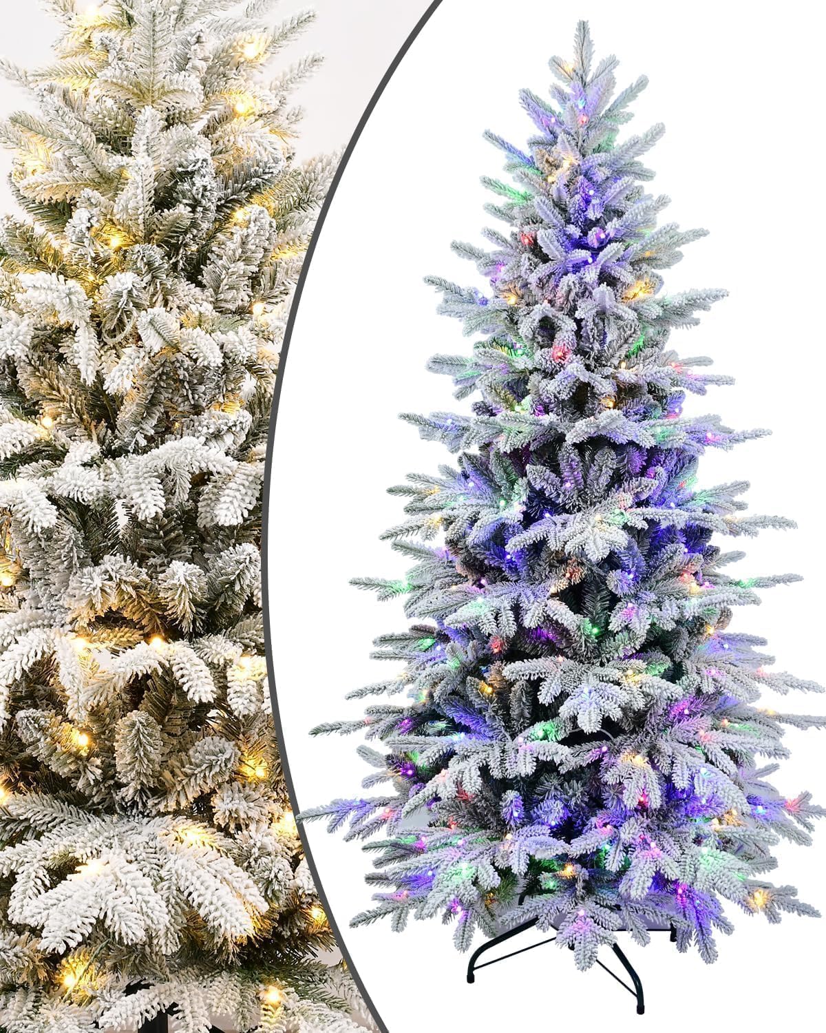 Prelit Flocked Christmas Tree 5 ft Leheyhey Frosted Artificial Christmas Tree with Multicolor Lights &1162 PE PVC Tips, White LED Xmas Tree with Snow, 9 Color Modes, Hinges, Seasonal Decor
