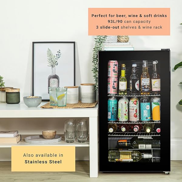 Mini Fridge 93 Litre Undercounter Freestanding Beverage/Drinks Wine Fridge for Beer in Black, LED Light, Drinks & Snacks Glass Door, 3 Adjustable Shelves, Energy Efficient, K48BC101B - 3