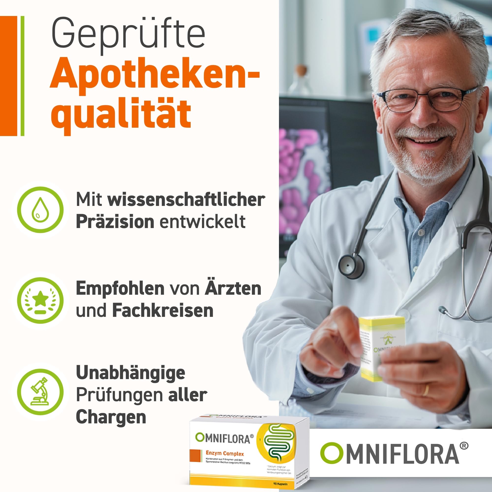 Omniflora Enzym Complex – 7 Enzyme mit Bromelain & Papain – 90 Kapseln | 2 Mrd. aktive Kulturen (Bacillus coagulans) · Magensaftresistente DRcaps · 7-fach Enzymkomplex