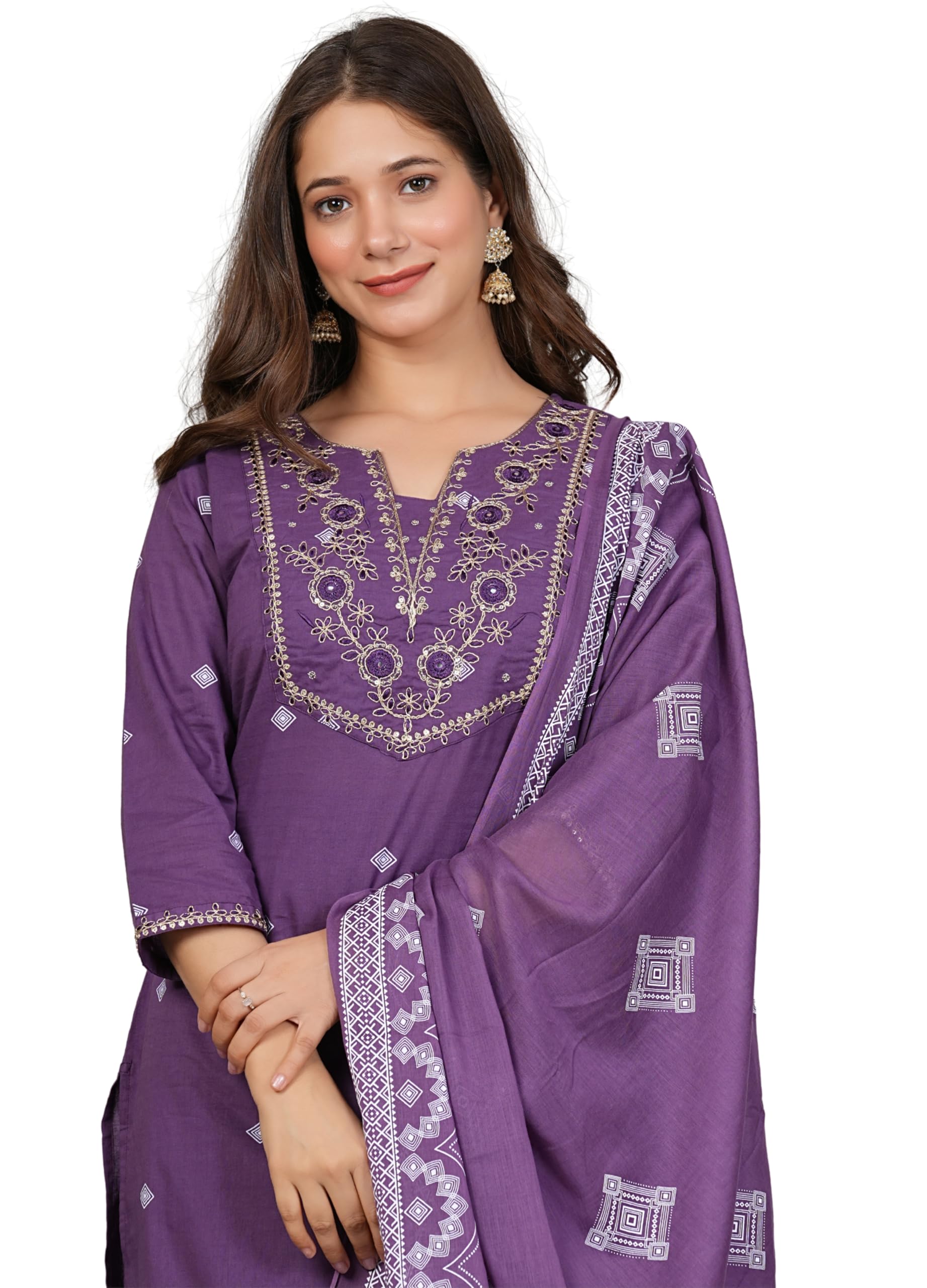 amayra Women's Pure Cotton Embroidered Straight Kurta Set with Palazzo Pants & Dupatta- Ethnic Wear-picture-22