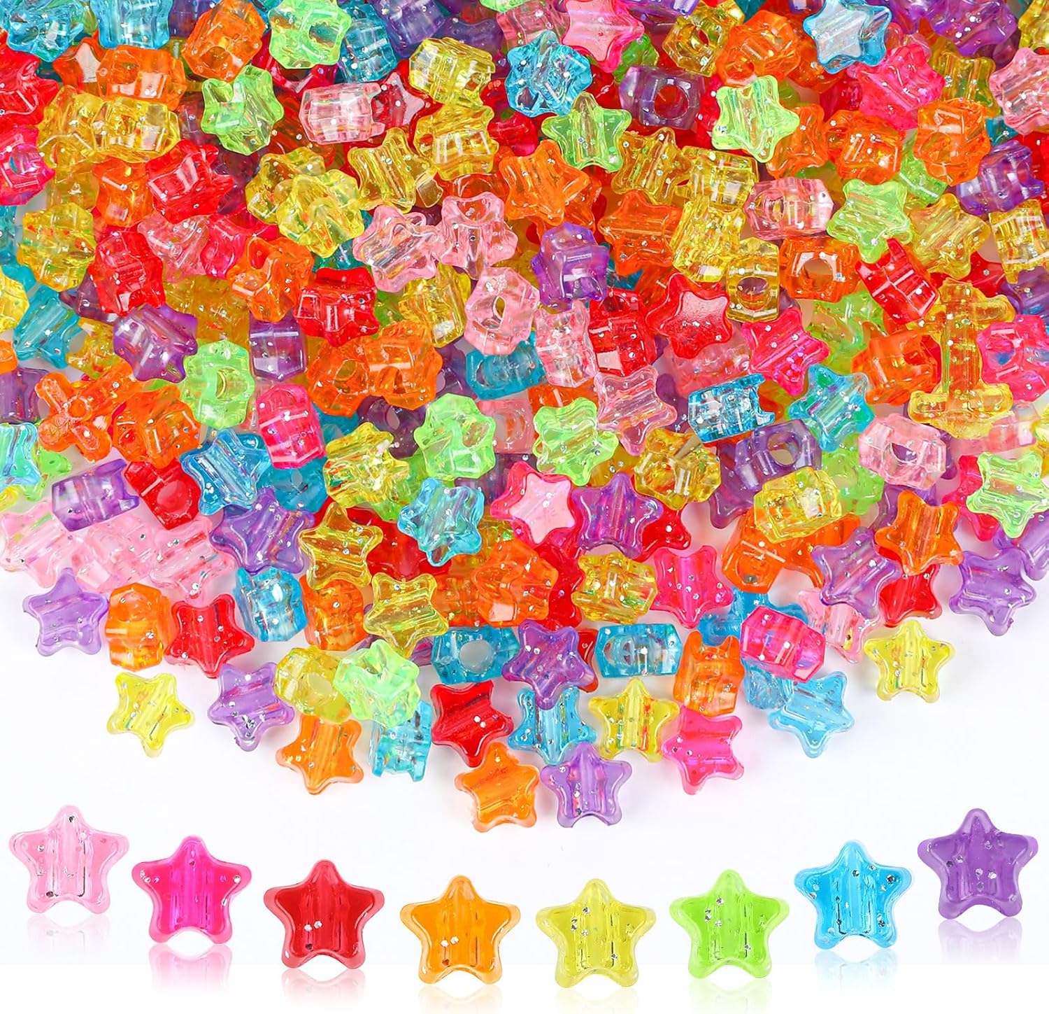 UPINS 1200pcs Star Pony Beads, Star Shape, Plastic, Bulk for Bracelets, Necklaces, DIY Projects, Jewelry Making, Decoration, Red, Orange, Yellow, Green, Blue, Purple, Pink