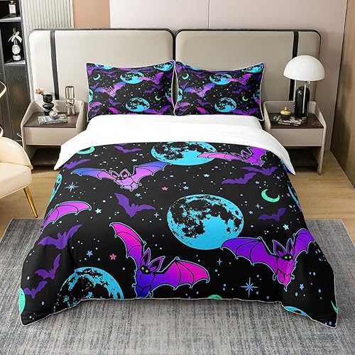Juego de funda de edredón 100% de algodón natural con murciélagos morados neón, tamaño Queen, juego de ropa de cama súper suave, juego de ropa de