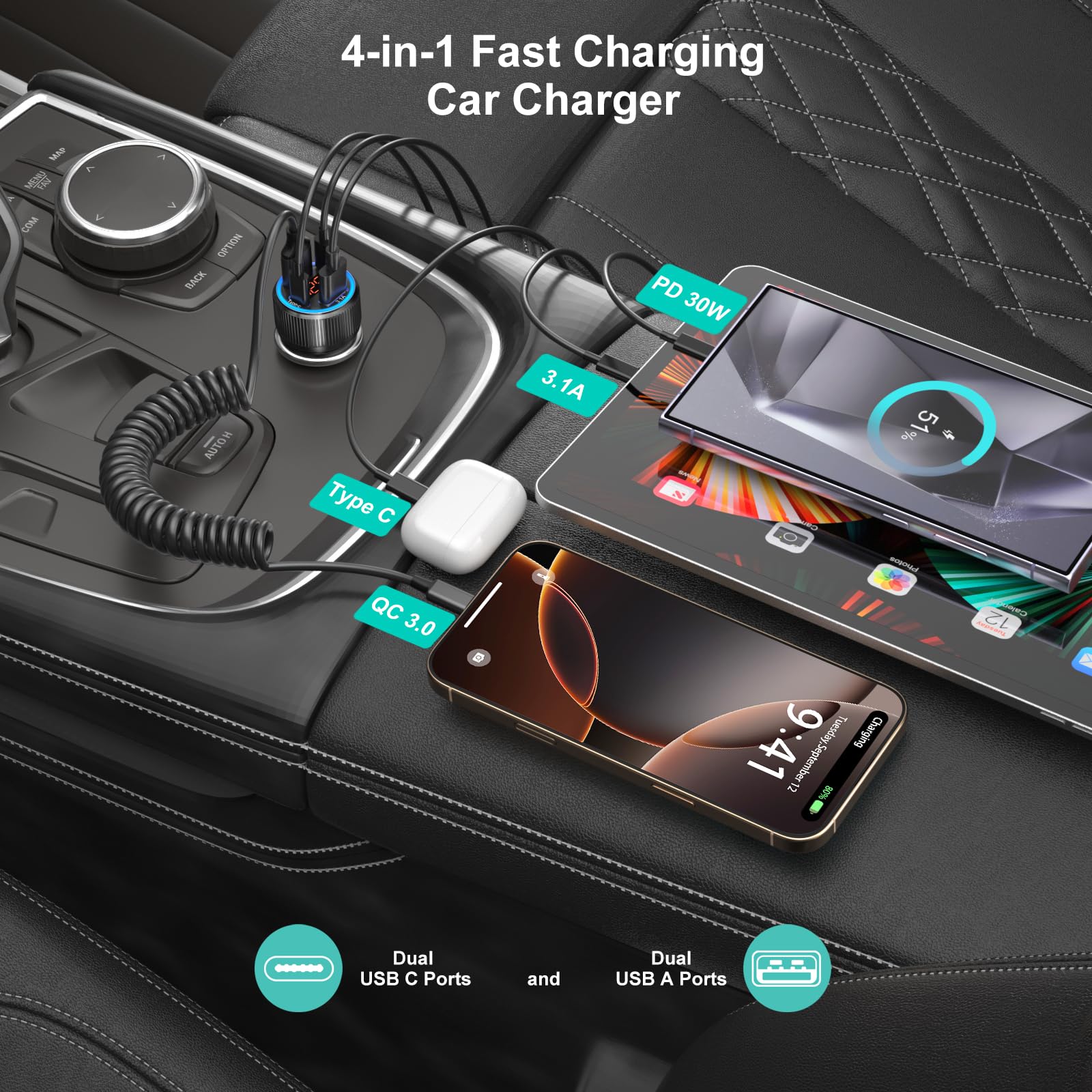 Car Charger for iPhone 16 15 Pro Max, Besgoods Cigarette Lighter USB Charger 4-Port USB C Car Adapter Voltmeter with 3ft Coiled Retractable Type C Cable Fast Charging for Galaxy S24 A15 Android, 2Pack