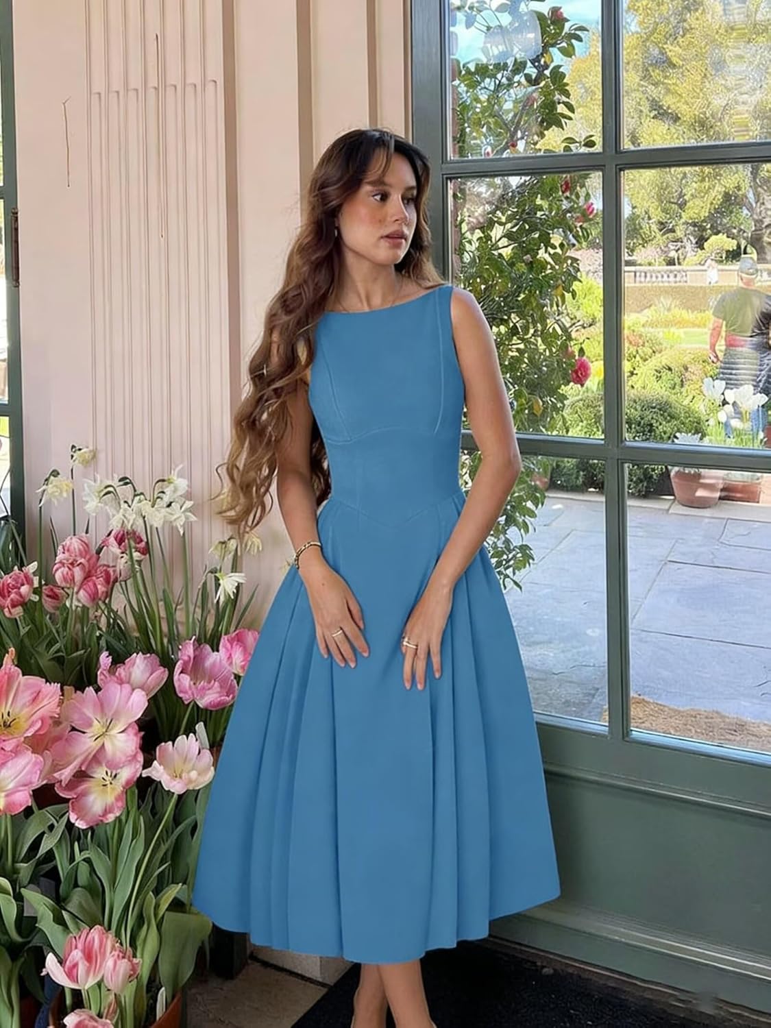 Ouyisha Satin Boat Neck Prom Dress A Line Elegant Tea Length Formal Evening Party Gowns with Pockets 2026 - Image 5