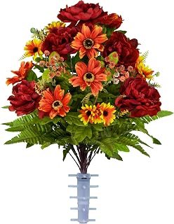 Sympathy Silks Artificial Cemetery Flowers – Realistic, Outdoor Grave Decorations - Non-Bleed Colors- Burgundy Peony and Orange Daisy Bouquet for Cemetery-vase Sold Separately