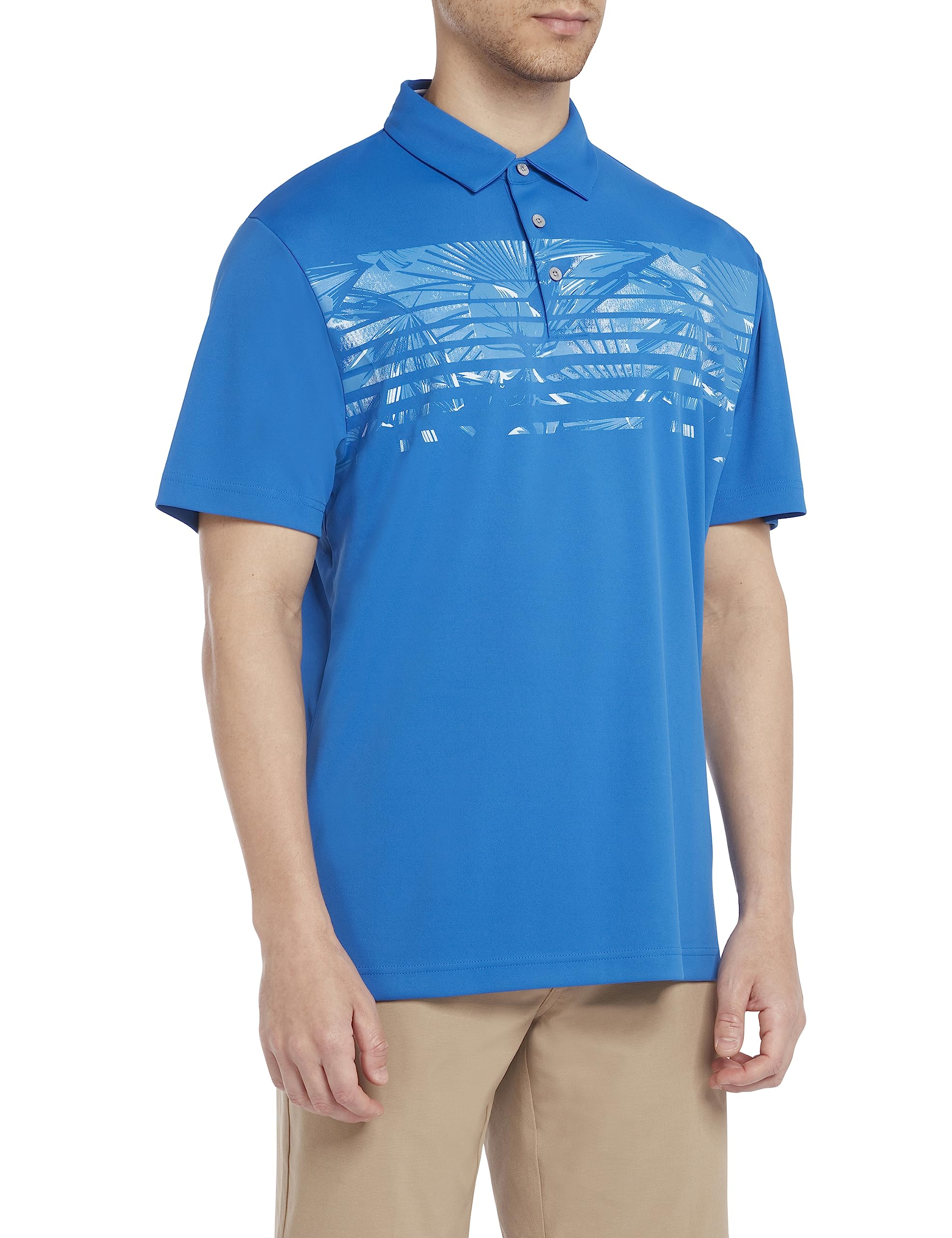 PGA Tour Golf - Men's Golf Polo Shirt, Engineered Tropical Print, Short Sleeve, Regular Fit, Stretch Seams, Blue, X-Large