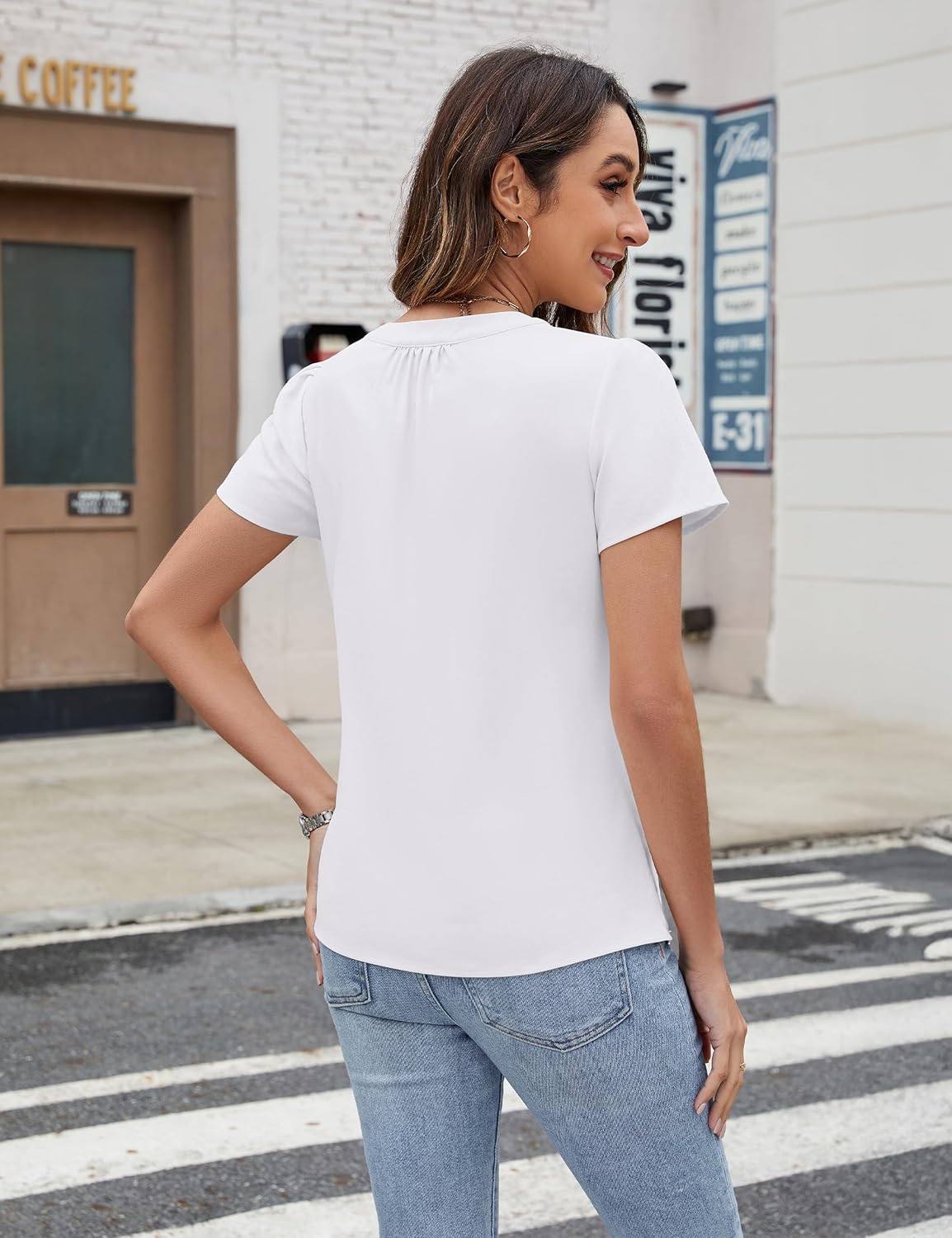 Blooming Jelly Womens Dressy Casual Tops White Button Down Shirts Pleated Short Sleeve Crew Neck Summer Blouse - Image 3