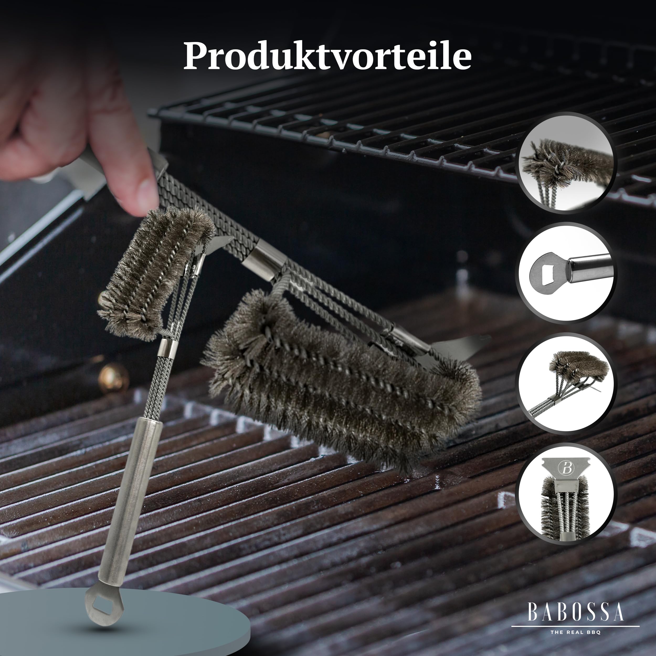 BABOSSA 3-in-1 Grillbürste Edelstahl – Multifunktionales Grillzubehör mit robusten Edelstahl Borsten, Schaber und Flaschenöffner – Für die einfache Reinigung von Planchas und Grillplatten