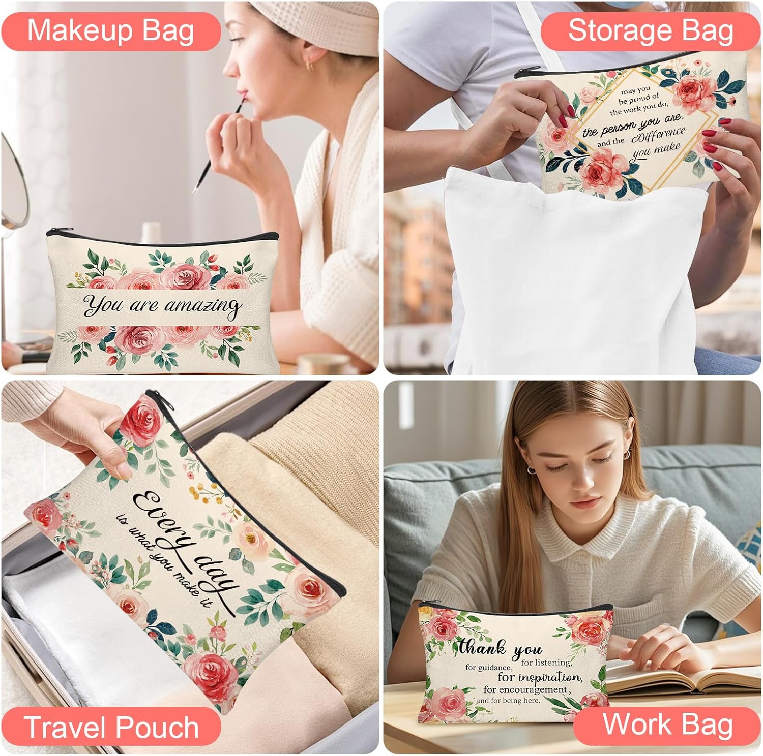 30Pcs Inspirational Quotes Makeup Bag Canvas Cosmetic Bags Encouragement Travel Toiletry Pouch Thanksgiving Appreciation Gifts for Women Mother’s Day Wedding