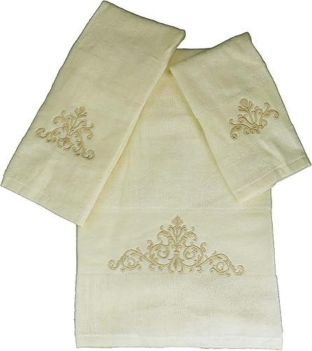 Marina Decoration Juego de toallas de baño de 3 piezas, ultra suave, 100 % algodón, bordado de lujo, diseño de blasón dorado con base color crema