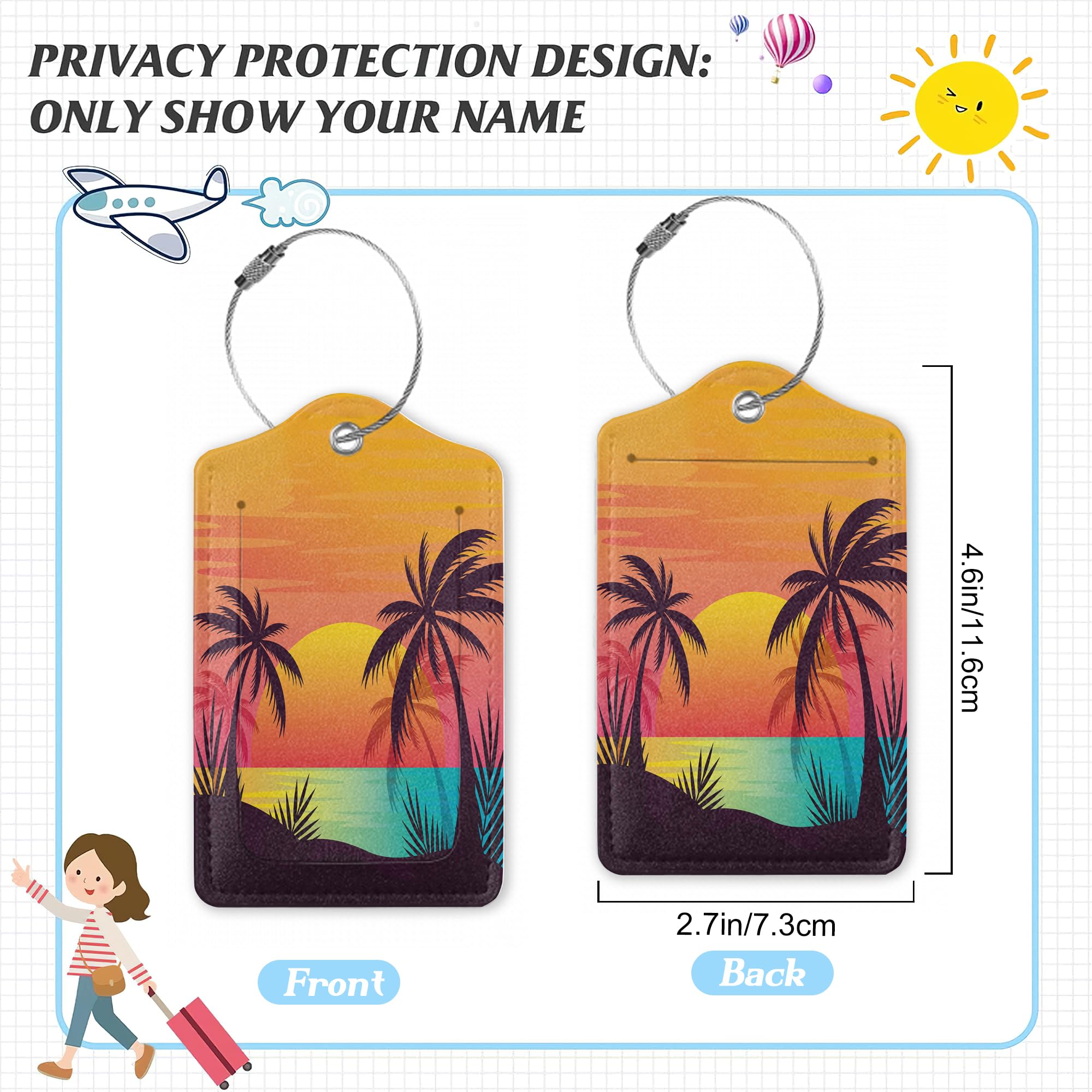 Paquete de 3 etiquetas de equipaje para maleta, etiquetas de equipaje de cuero con palmera tropical con cubierta de privacidad, etiquetas de identificación de nombre, etiquetas de bolsa de viaje para
